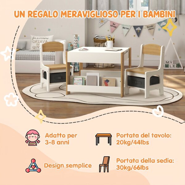 HOMCOM Set Tavolo Bambini 3 in 1 con 2 Sedie, Lavagna e Libreria, 3-8 Anni, Naturale | Aosom Italy