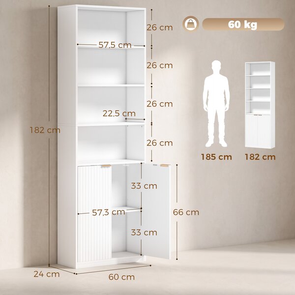 HOMCOM Libreria a 6 Livelli con 4 Scomparti Aperti e 2 Ante, 60x24x182 cm, Bianco | Aosom Italy