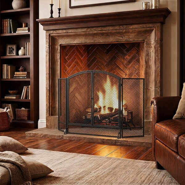HOMCOM Parascintille per Camino Pieghevole a 3 Pannelli con 2 Porte, 122x10x75 cm, Nero | Aosom Italy