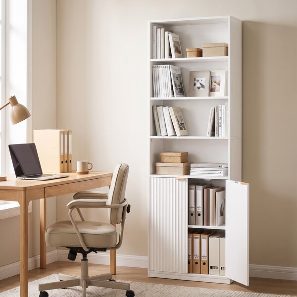 HOMCOM Libreria a 6 Livelli con 4 Scomparti Aperti e 2 Ante, 60x24x182 cm, Bianco | Aosom Italy