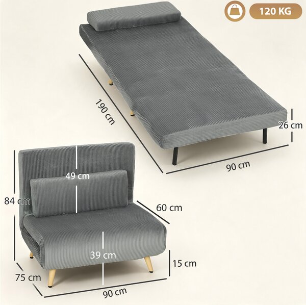 HOMCOM Poltrona Letto 3 in 1 Richiudibile in Tessuto a Coste con Schienale Regolabile, Grigio Scuro | Aosom Italy