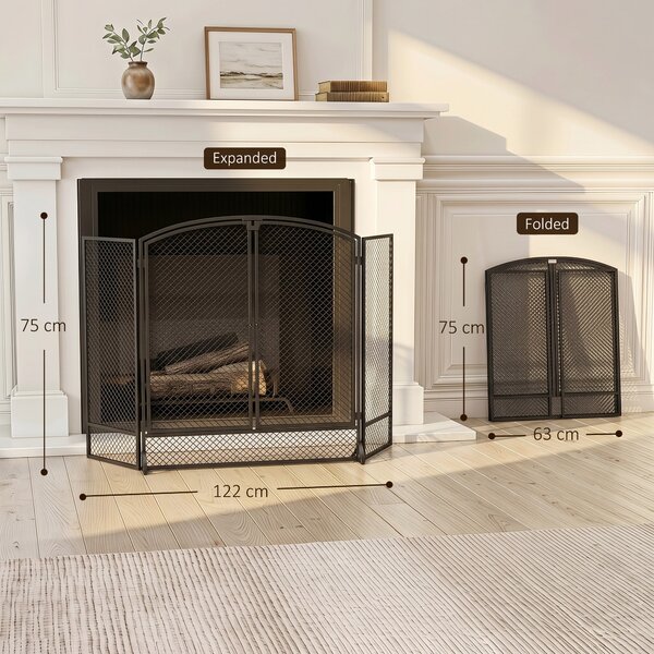 HOMCOM Parascintille per Camino Pieghevole a 3 Pannelli con 2 Porte, 122x10x75 cm, Nero | Aosom Italy