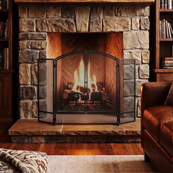 HOMCOM Parascintille per Camino Pieghevole a 3 Pannelli con 2 Porte, 122x10x75 cm, Nero | Aosom Italy