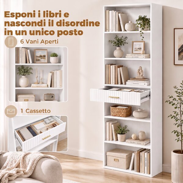 HOMCOM Libreria Verticale a 7 Ripiani con 6 Cubi e Cassetto, 60x24x182 cm, Bianco | Aosom Italy