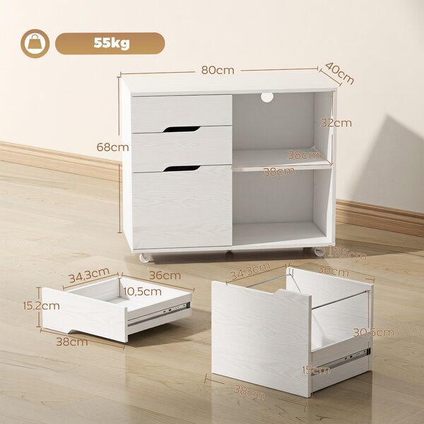 HOMCOM Mobile Porta Stampante con Ruote, 3 Cassetti e Ripiani Aperti, 80x40x68 cm, Bianco | Aosom Italy