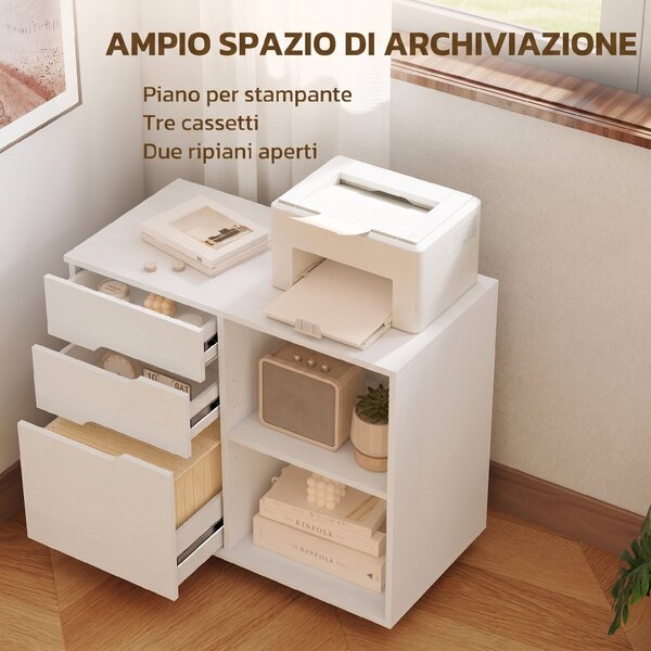 HOMCOM Mobile Porta Stampante con Ruote, 3 Cassetti e Ripiani Aperti, 80x40x68 cm, Bianco | Aosom Italy