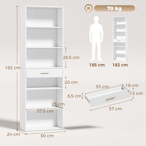HOMCOM Libreria Verticale a 7 Ripiani con 6 Cubi e Cassetto, 60x24x182 cm, Bianco | Aosom Italy