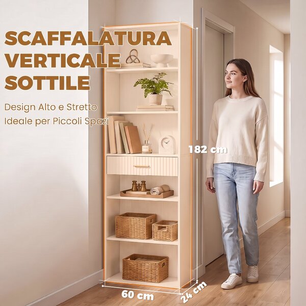 HOMCOM Libreria Verticale a 7 Ripiani con 6 Cubi e Cassetto, 60x24x182 cm, Bianco | Aosom Italy