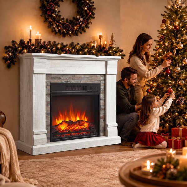 HOMCOM Camino Elettrico Decorativo 1800W con Effetto Fiamma, Termostato, Timer e Telecomando, Natural | Aosom Italy