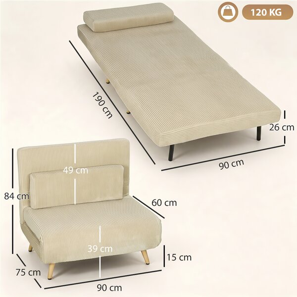 HOMCOM Poltrona Letto 3 in 1 Richiudibile in Velluto a Coste con Schienale Regolabile, Beige | Aosom Italy