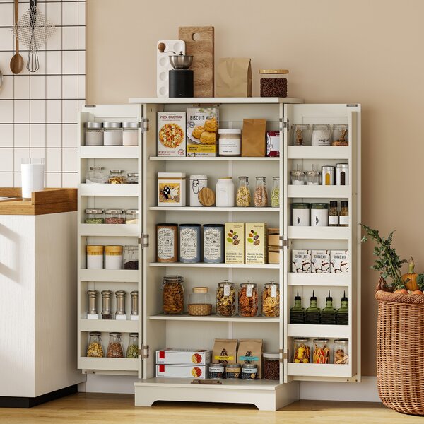 HOMCOM Credenza Cucina Rustica con 12 Portaspezie, Ripiani Regolabili e 2 Ante, 60x40x120 cm, Crema | Aosom Italy
