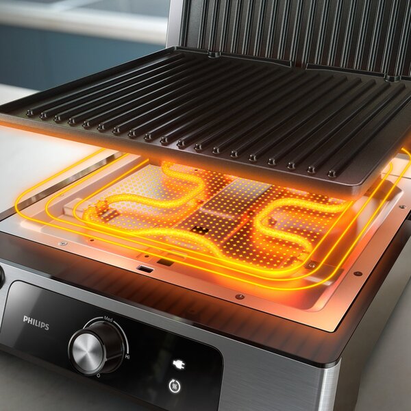 Philips Bistecchiera Elettrica Doppia Piastra Antiaderente Potenza 2200 Watt Termostato Regolabile colore Nero e Inox - HD6301/90 Serie 5000