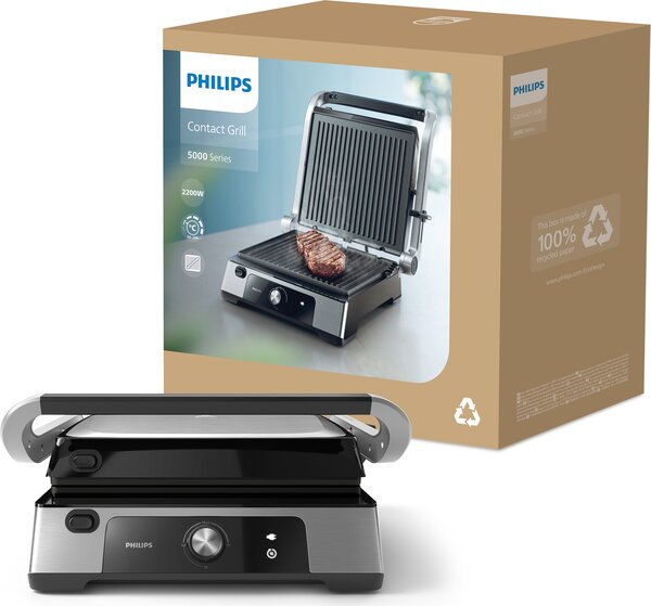 Philips Bistecchiera Elettrica Doppia Piastra Antiaderente Potenza 2200 Watt Termostato Regolabile colore Nero e Inox - HD6301/90 Serie 5000