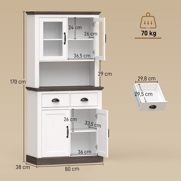 HOMCOM Dispensa da Cucina con Ante in Vetro, 2 Cassetti e Ripiani Regolabili, 80x38x170 cm, Bianco | Aosom Italy