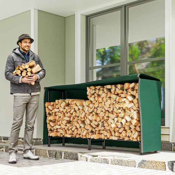 Outsunny Portalegna Regolabile da 0,6 m³ con Telo Impermeabile, 200x36x99 cm, Nero e Verde Scuro | Aosom Italy