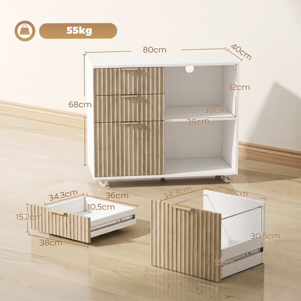 HOMCOM Supporto per Stampante con Ruote, 3 Cassetti e 2 Ripiani, 80x40x68 cm, Bianco Rovere | Aosom Italy
