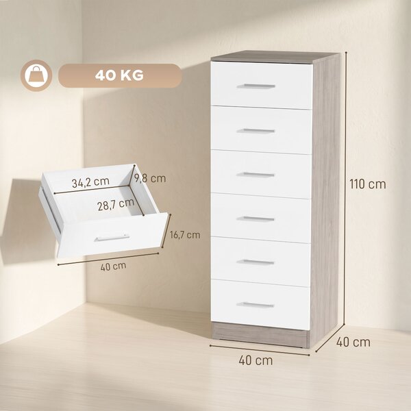 HOMCOM Comò Cassettiera a 6 Cassetti con Antiribaltamento, 40x40x110 cm, Grigio Chiaro e Bianco | Aosom Italy