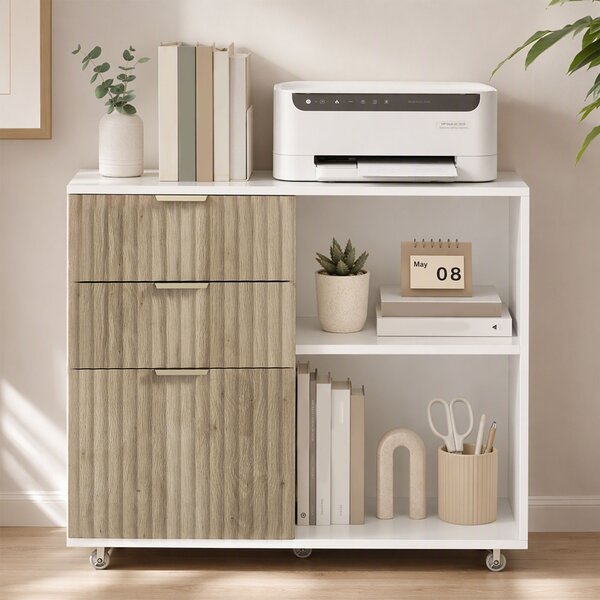 HOMCOM Supporto per Stampante con Ruote, 3 Cassetti e 2 Ripiani, 80x40x68 cm, Bianco Rovere | Aosom Italy