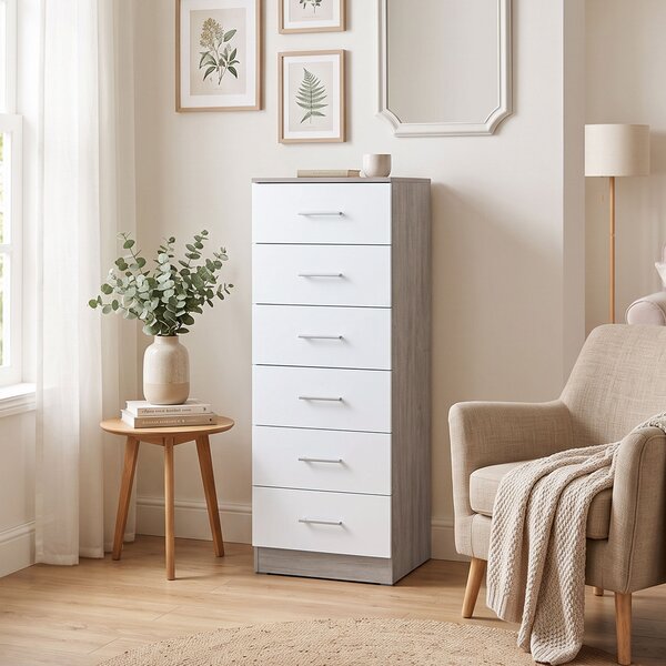 HOMCOM Comò Cassettiera a 6 Cassetti con Antiribaltamento, 40x40x110 cm, Grigio Chiaro e Bianco | Aosom Italy