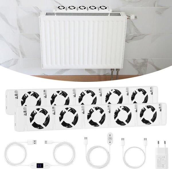 Ventilatore radiatore Peviasot, modello a 5 pale, set da 2, con controllo della temperatura, adatto per radiatori da 150–200 cm