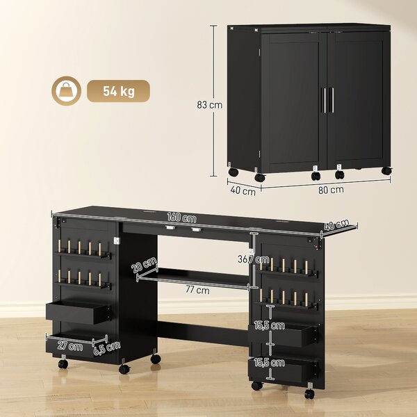 HOMCOM Tavolo da Cucito Pieghevole su Ruote con 2 Ante, 4 Contenitori e 20 Ganci, 160x40x83 cm, Nero | Aosom Italy