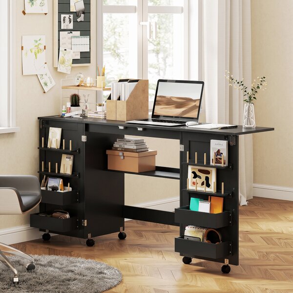 HOMCOM Tavolo da Cucito Pieghevole su Ruote con 2 Ante, 4 Contenitori e 20 Ganci, 160x40x83 cm, Nero | Aosom Italy