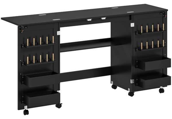 HOMCOM Tavolo da Cucito Pieghevole su Ruote con 2 Ante, 4 Contenitori e 20 Ganci, 160x40x83 cm, Nero | Aosom Italy