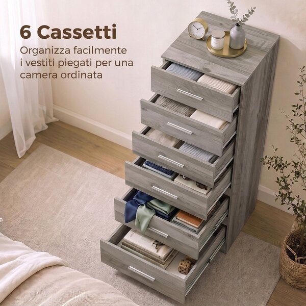 HOMCOM Cassettiera Moderna a 6 Cassetti per Camera, 40x40x110 cm, Grigio | Aosom Italy