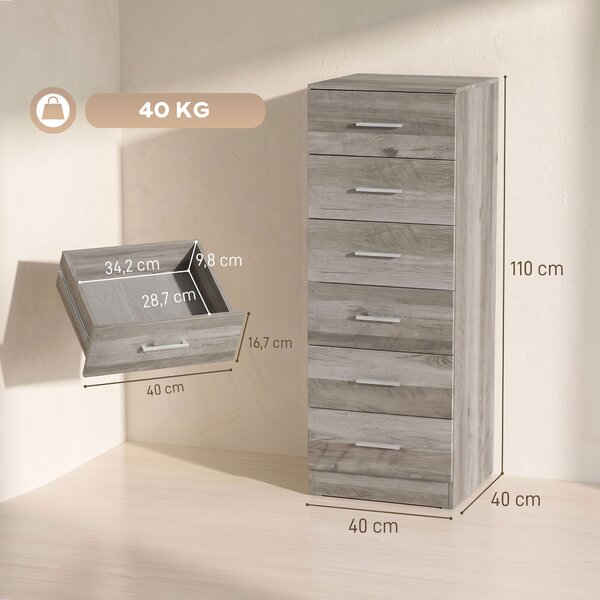HOMCOM Cassettiera Moderna a 6 Cassetti per Camera, 40x40x110 cm, Grigio | Aosom Italy