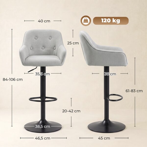 HOMCOM Set 2 Sgabelli da Bar in Ciniglia, Altezza Regolabile e Rotazione 360°, Grigio | Aosom Italy