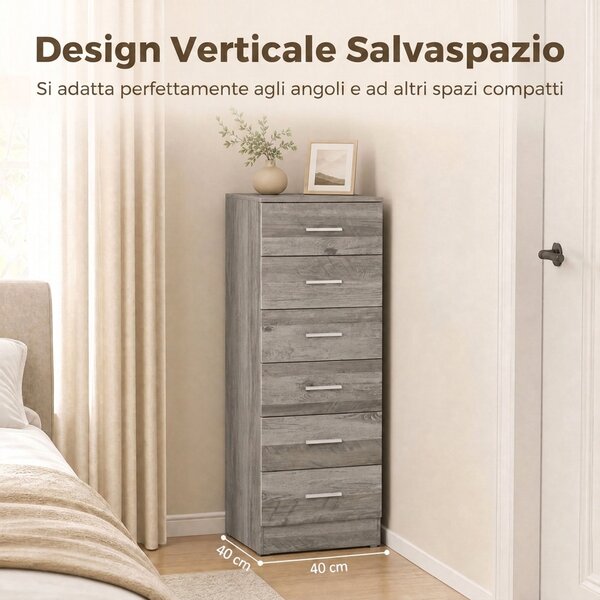HOMCOM Cassettiera Moderna a 6 Cassetti per Camera, 40x40x110 cm, Grigio | Aosom Italy