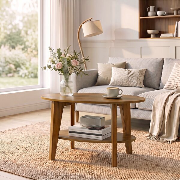 HOMCOM Tavolino Ovale a 2 Livelli con Mensola Inferiore Aperta, 80x50x45 cm, Rovere | Aosom Italy