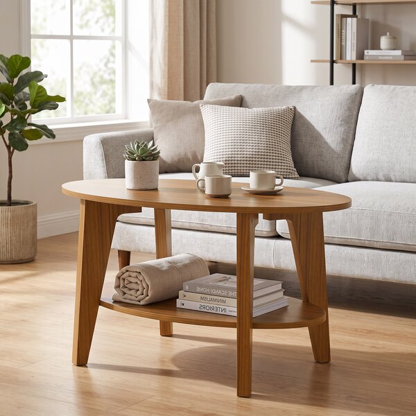 HOMCOM Tavolino Ovale a 2 Livelli con Mensola Inferiore Aperta, 80x50x45 cm, Rovere | Aosom Italy