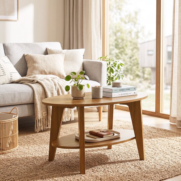 HOMCOM Tavolino Ovale a 2 Livelli con Mensola Inferiore Aperta, 80x50x45 cm, Rovere | Aosom Italy