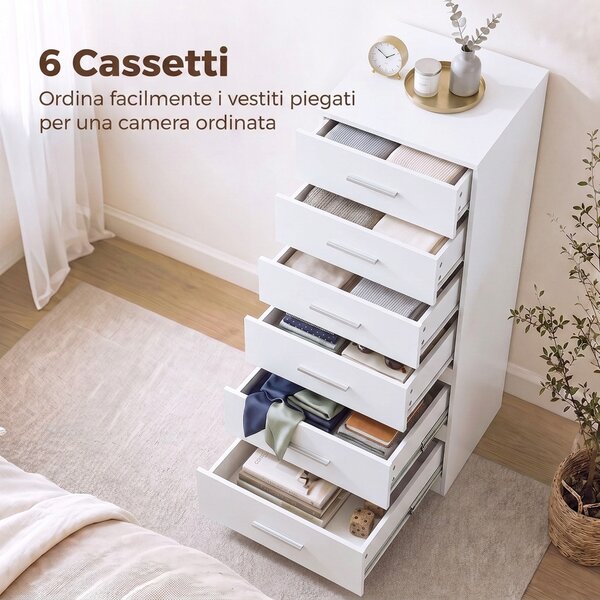 HOMCOM Cassettiera Alta a 6 Cassetti con Sistema Antiribaltamento, 40x40x110 cm, Bianco | Aosom Italy