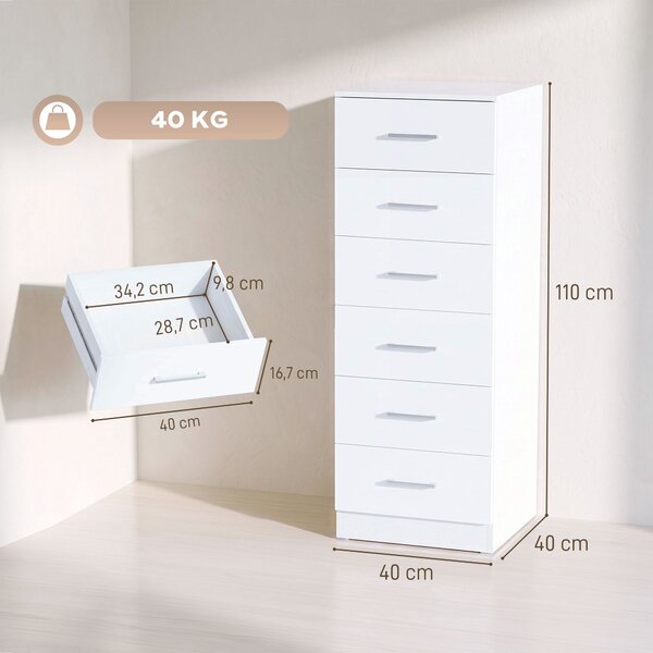 HOMCOM Cassettiera Alta a 6 Cassetti con Sistema Antiribaltamento, 40x40x110 cm, Bianco | Aosom Italy