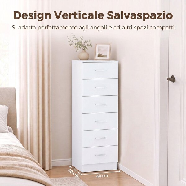 HOMCOM Cassettiera Alta a 6 Cassetti con Sistema Antiribaltamento, 40x40x110 cm, Bianco | Aosom Italy