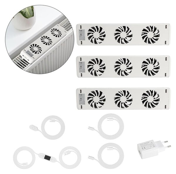 Ventilatore per termosifoni Ikodm, set da 3 pezzi, con magnete, portata d'aria di 90 CFM, con termostato