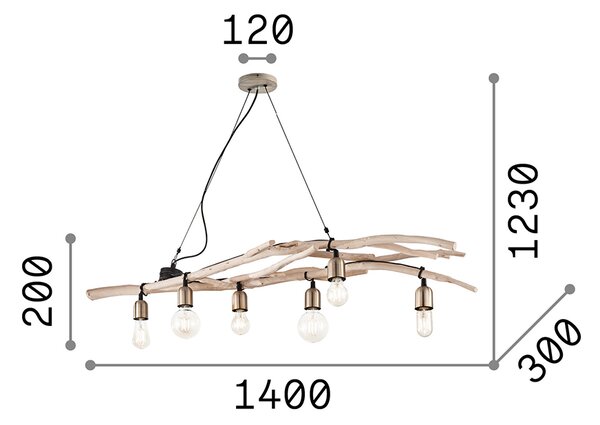 Sospensione Industrial-Minimal Driftwood Legno Marrone 6 Luci E27