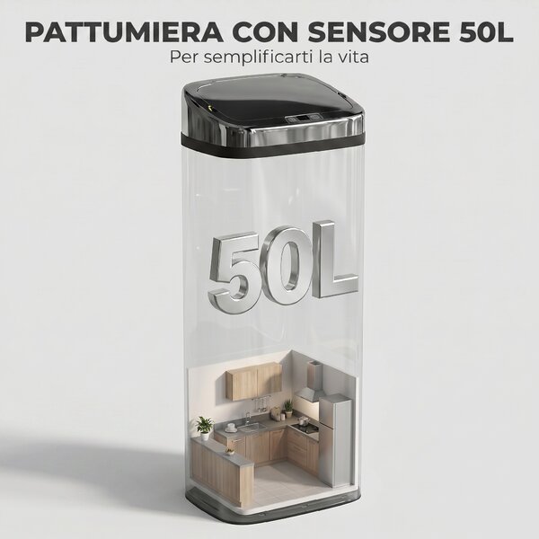 HomCom Cestino dei Rifiuti Rettangolare in Acciaio Inox con Sensore a Infrarossi, 50L|Aosom