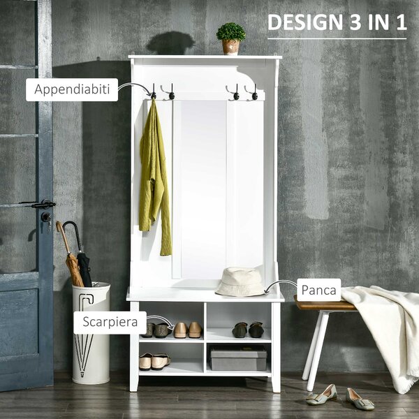 Homcom Mobile Ingresso con Appendiabiti Specchio e Scarpiera in Legno, 80x40x170cm, Bianco | Aosom Italy