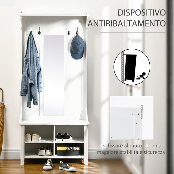 Homcom Mobile Ingresso con Appendiabiti Specchio e Scarpiera in Legno, 80x40x170cm, Bianco | Aosom Italy