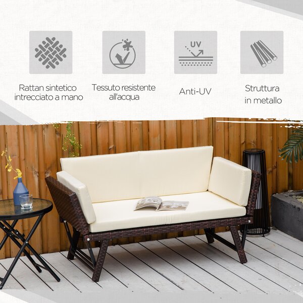 Outsunny Divano 2 Posti da Giardino in Rattan Bianco e Marrone, con Braccioli Estensibili, 129x63x67cm, Confortevole|Aosom