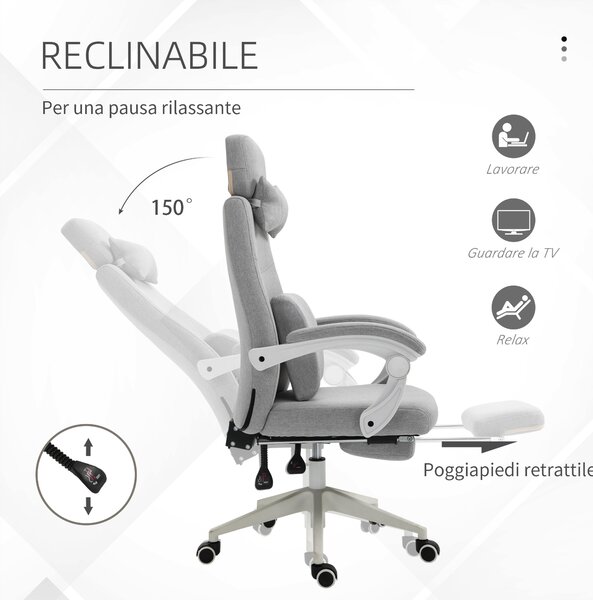 Vinsetto Sedia Ufficio Ergonomica Moderna Regolabile Reclinabile Sedile Scrivania del Computer con Braccioli e Poggiapiedi,grigio|Aosom