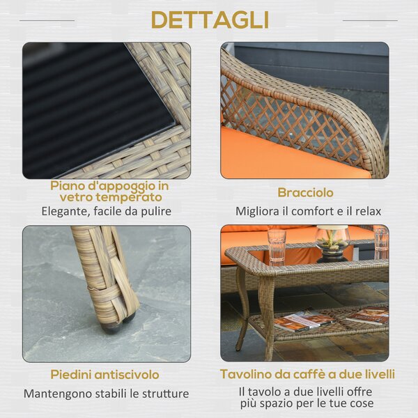 Outsunny Salotto da Giardino Rattan PE con 2 Poltrone Divano a 2 Posti e Tavolo e Cuscini, Colore Khaki e Arancione|Aosom
