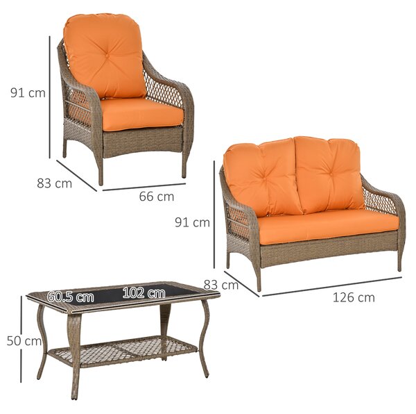 Outsunny Salotto da Giardino Rattan PE con 2 Poltrone Divano a 2 Posti e Tavolo e Cuscini, Colore Khaki e Arancione|Aosom