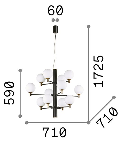 Sospensione Contemporanea Copernico Metallo Nero 12 Luci 3W 3000K Luce Calda
