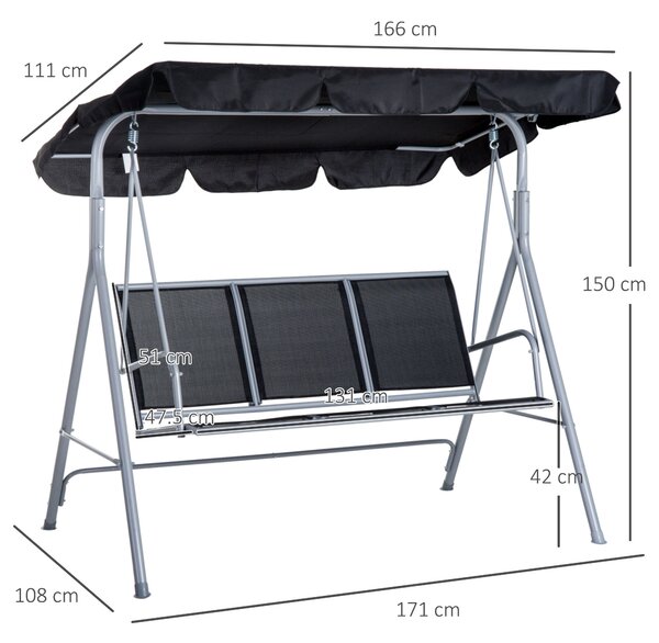 Outsunny Dondolo da Esterno 3 Posti con Tetto Parasole Rimovibile e Lavabile, Dondolo Giardino in Metallo, 171x108x154cm, Nero e Argento | Aosom Italy