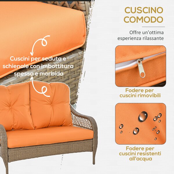 Outsunny Salotto da Giardino Rattan PE con 2 Poltrone Divano a 2 Posti e Tavolo e Cuscini, Colore Khaki e Arancione|Aosom