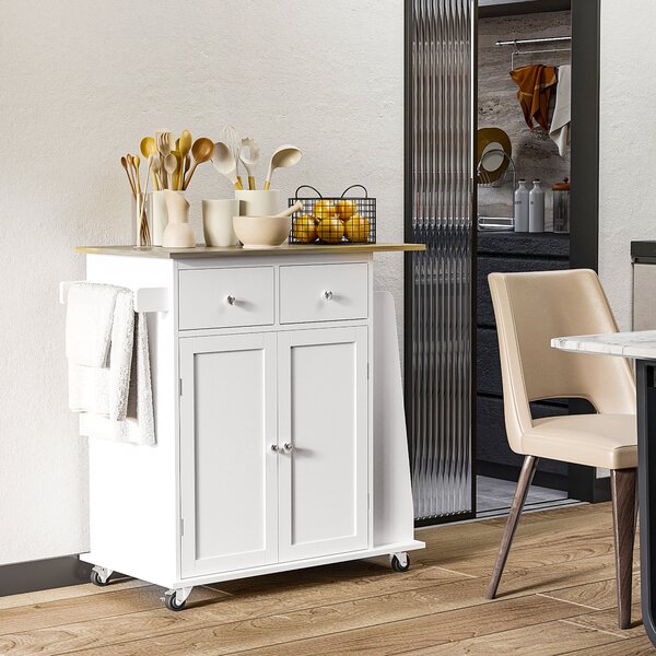 HOMCOM Carrello da Cucina Portaspezie a 3 Livelli con 4 Ruote Girevoli, Portavivande con Armadietto in Legno, 89x45x89.5cm, Bianco|Aosom